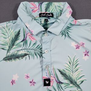 Bad Birdie Golf Polo Shirt Mens Medium Blue Tropical AOP Short Sleeve Stretch